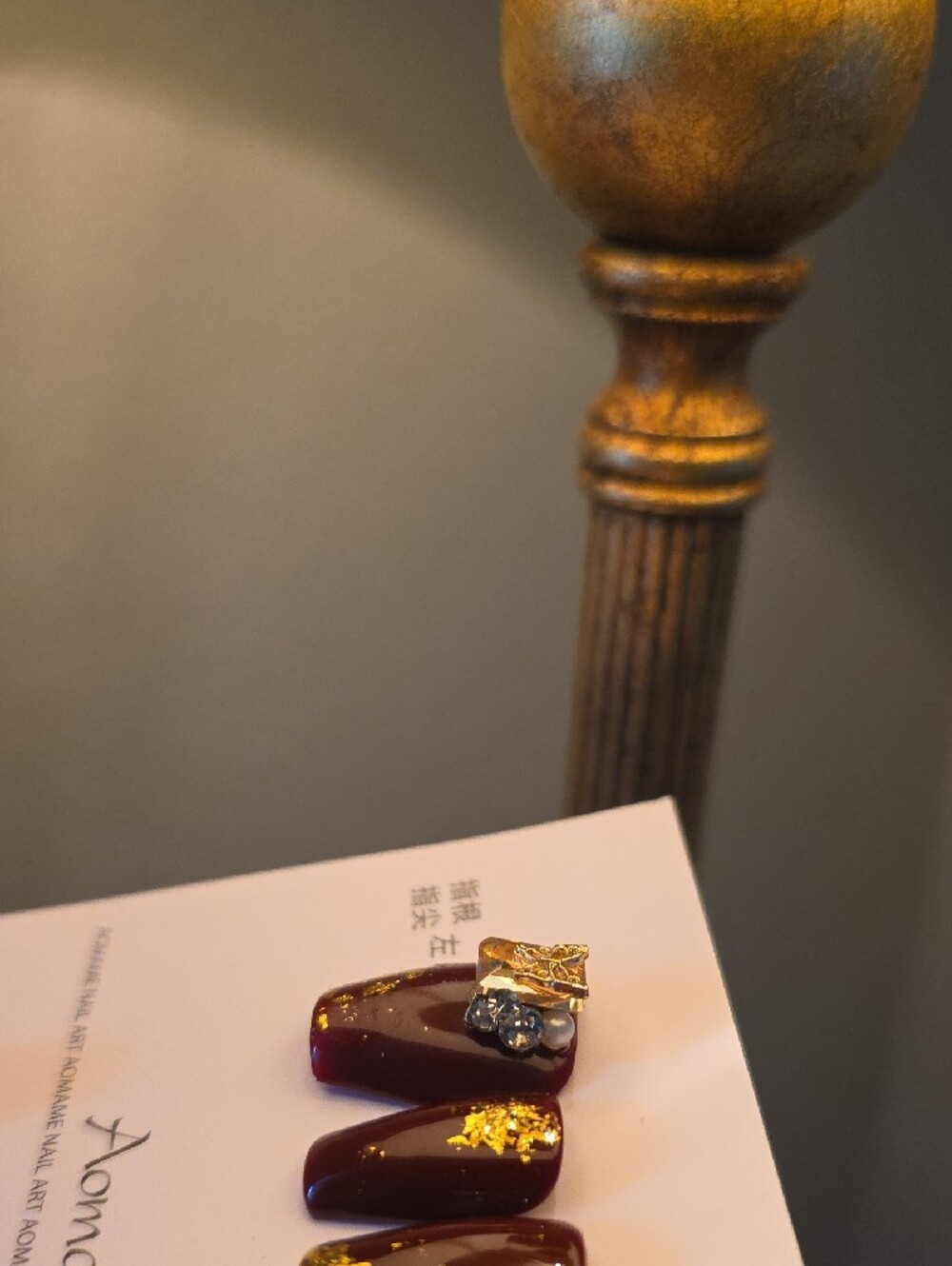 Burgundy Press-On Nail Set with Gold Foil Accent Size Med - Picture 3 of 4